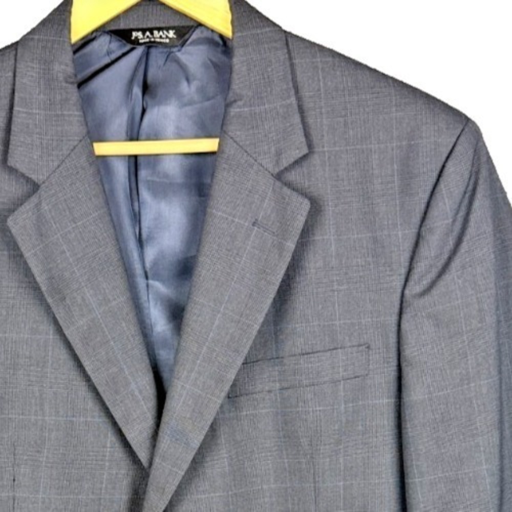 Jos. A. Bank Blazer 42R Gray Blue Plaid 100% Wool 2 Button Sport Coat Mens